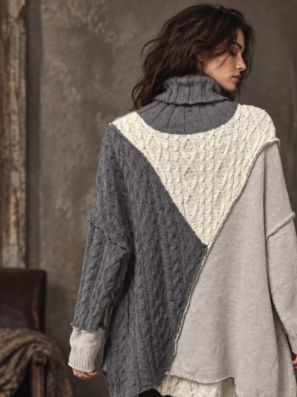 432. Bluevelvet Colorblock Cable Knit Turtleneck Sweater - Gray/Cream chenille